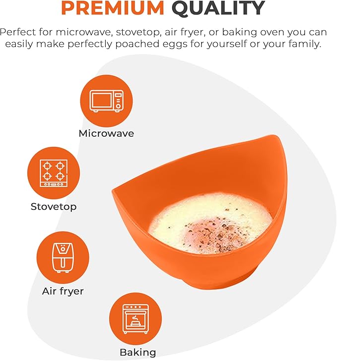 Egg Poacher Cup for Microwave or Stovetop Non-Stick - Heat-Resistant Durable Food grade quality Silicone Poached Egg Cooker BPA Free Egg Poaching Cups with Stable Base pack of 4 free e-Book