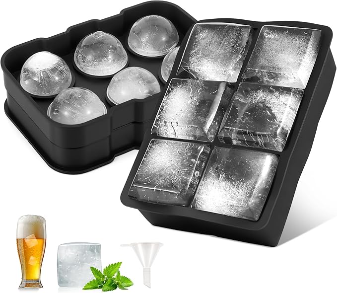 Silicone Ice Cube Tray, Easy Release Flexible Silicone Freezer Mold with Removable Lid, 2PCS of 6 Large Ice Cubes Per Tray for Whiskey, Freezer, Cocktail, Reusable & BPA Free