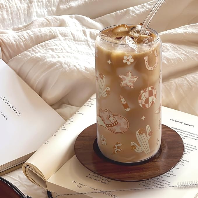 SANDJEST Western Cowgirl 16oz Can Glass Tumbler with Acrylic Lid & Straw, Iced Coffee Cup for Women, Aesthetic Cups Gifts for Birthday Christmas