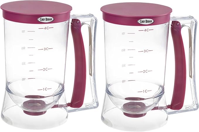 Pancake Batter Dispenser Set of 2 - Batter Dispenser with Squeeze Handle for Pancakes, Waffles, and Muffins - Kitchen Gadgets by Chef Buddy (Purple)