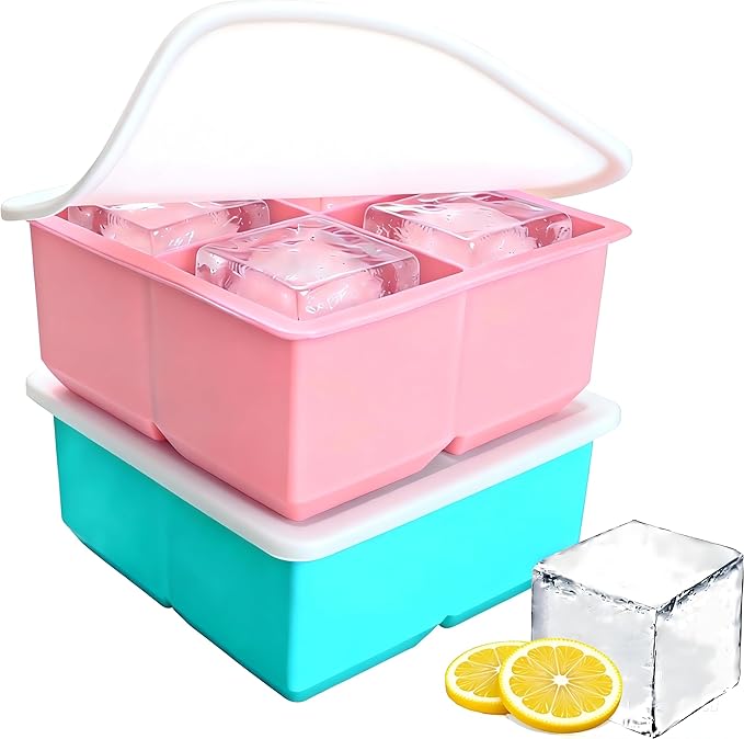 Large Silicone Ice Cube Tray 2Pack, Easy Release 2" Big Ice Cubes,Leak Proof Removable Lid Square Ice Cube Tray for Cocktail，Whiskey，Reusable Stackable Flexible Ice(Blue+Pink) (Blue)