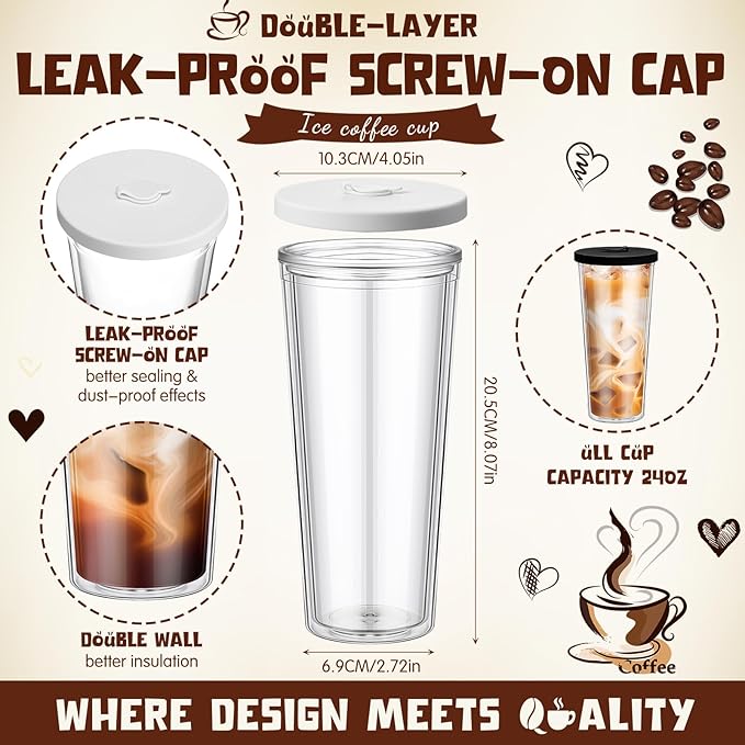 Honeydak 2 Pack 24 oz Reusable Iced Coffee Cups with Lids and Straws Leakproof Double Wall Insulated Clear Plastic Iced Coffee Tumblers with Straw Brushes