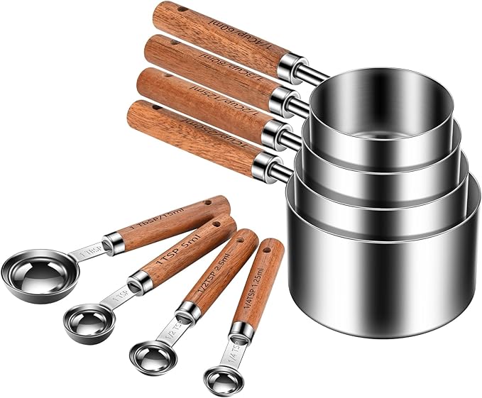 Stainless Steel Measuring Cups and Spoons Set of 8, Stackable Wooden Handle Metal Measuring Cup & Spoon Set with Metric & US Measurements, Rustic Farmhouse Kitchen Gadgets for Dry & Liquid Ingredients