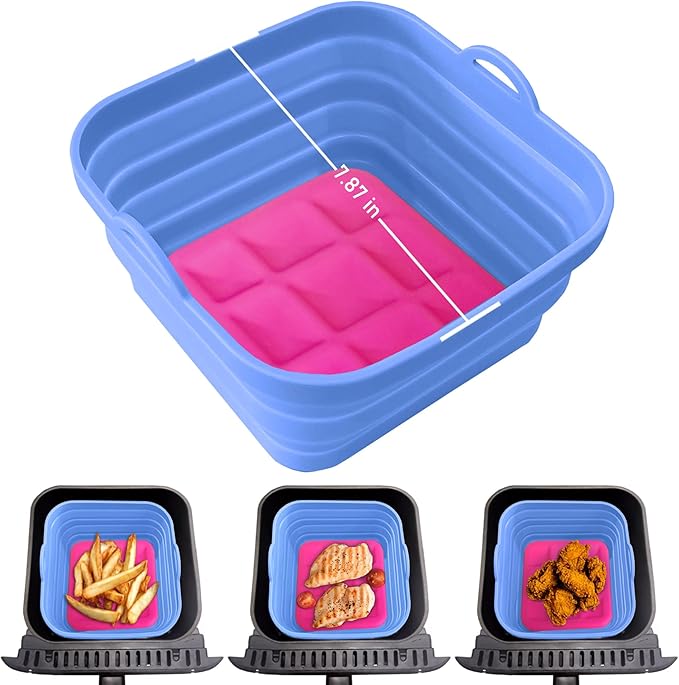 Air Fryer Liners Silicone Basket Reusable Air Fryer Pots for 5-9QT Air Fryer Foldable Easy to Clean Oven Accessories Blue 7.87 Inch