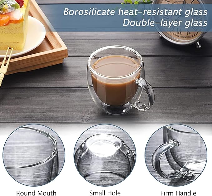 8 oz/250ml Double Walled Glass Coffee Mugs, Clear Coffee Cups and Mugs Set of 4, Cappuccino Latte Macchiato Glasses Cups with Handle, Espresso Mug Cups for Latte, Hot/Cold Drink