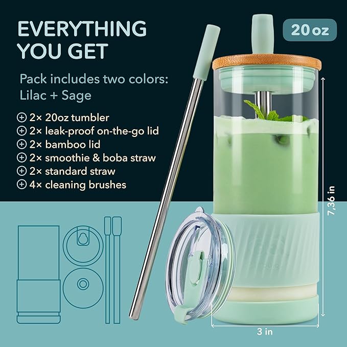 Pandaloo® Glass Cups With Lids and Straws -20 Fl Oz- Perfect Size Iced Coffee Cup - Smoothie Cup With Bamboo Lid and On the go Lid - Glass Tumbler (2 Count (Pack of 1), Lilac-Sage)