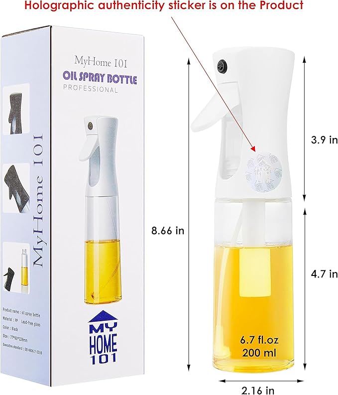 Glass Oil Sprayer for Cooking - Olive Oil Mister Spray Bottle - 6.7 fl.oz - Air Fryer Accessories - Refillable Dispenser for Kitchen