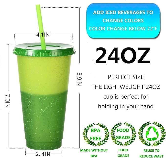 Color Changing Cups, 24 Pack 24oz Plastic Tumblers, Reusable Iced Coffee & Smoothie Cups with Lids and Straws for Parties and Travel (Glitter Powder,24)