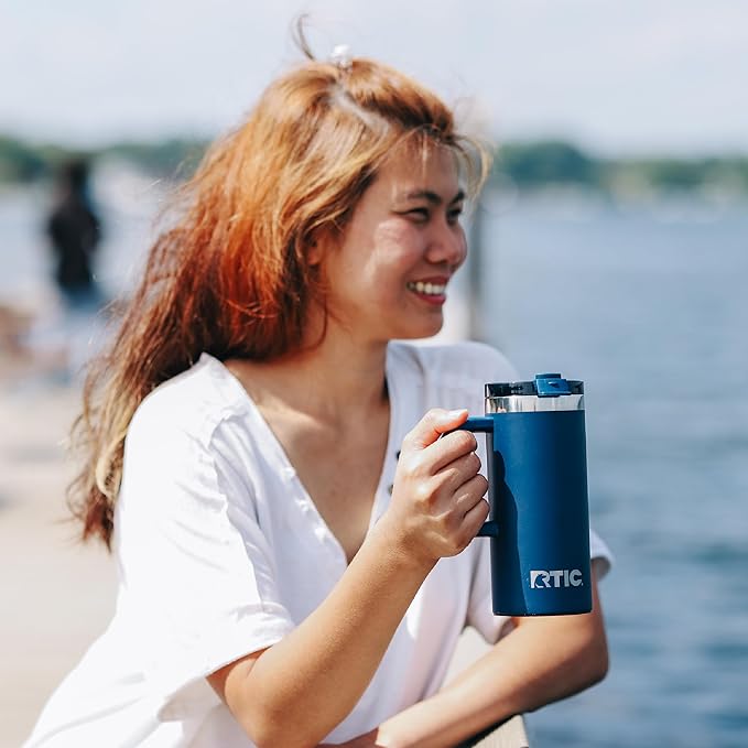 RTIC 16oz Road Trip Travel Mug with Lid and Handle, Ceramic Lined, Insulated, Stainless Steel, Metal, Double Wall Vacuum-Insulation, Portable Coffee, Tea Cup for Hot and Cold Drink, Beach