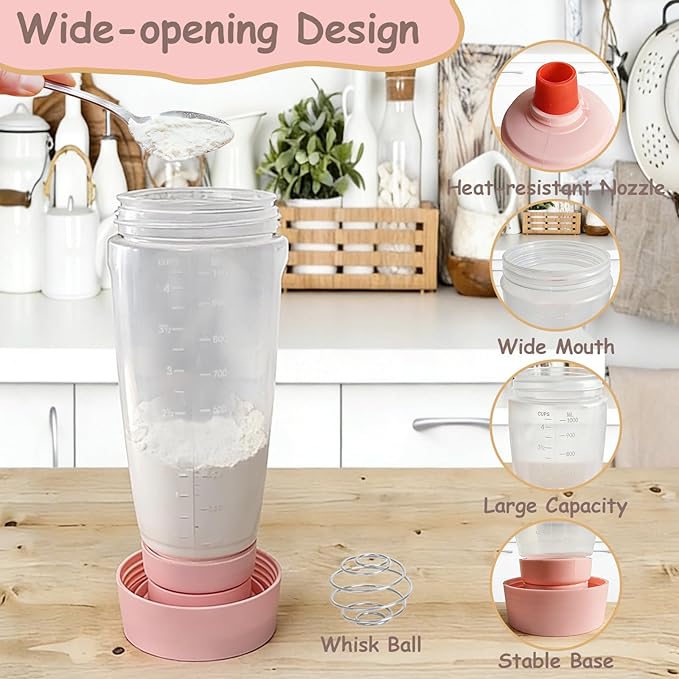 Pancake Batter Dispenser with Wire Whisk, BlenderBall, Silicone Spatula and Brush, Cleaning Brush, 1000 ML Large Capacity Leak-Proof Design for Pancakes Waffles Muffins and Crepes