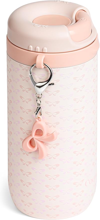 15 oz Stainless Steel Coffee Tumbler with Twist-Open Lid, Insulated Travel Mug for Iced Coffee Cold Brew and Warm Beverages, Leakproof, BPA-Free, Cup Holder Friendly, Bow Charm, Coquette Pink