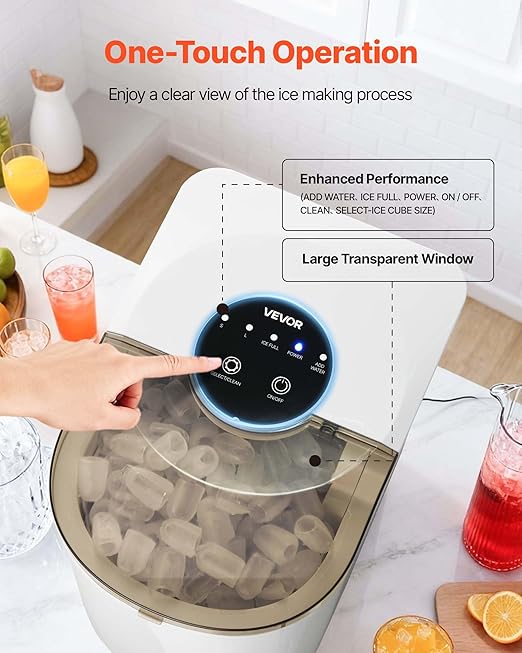 VEVOR Countertop Ice Maker, 7 Cubes Ready in 6 Mins, 26 lbs per Day, Self-Cleaning Portable Machine with Ice Scoop, Ice-Making Machine with 2 Sizes Bullet ICES for Home, Kitchen, Office, Bar & Party