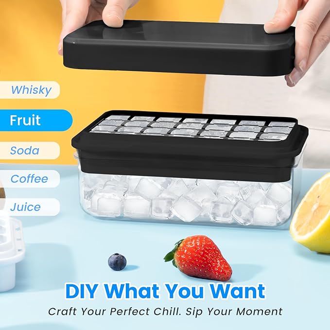 Ice Cube Tray with Lid and Bin, 28 pcs Ice Cubes Molds, Ice Trays for Freezer, Ice Cube Tray Mold, with 1 tray, Ice Freezer Container, Spill-Resistant Removable Lid & Ice Scoop, for Whiskey,Cocktail