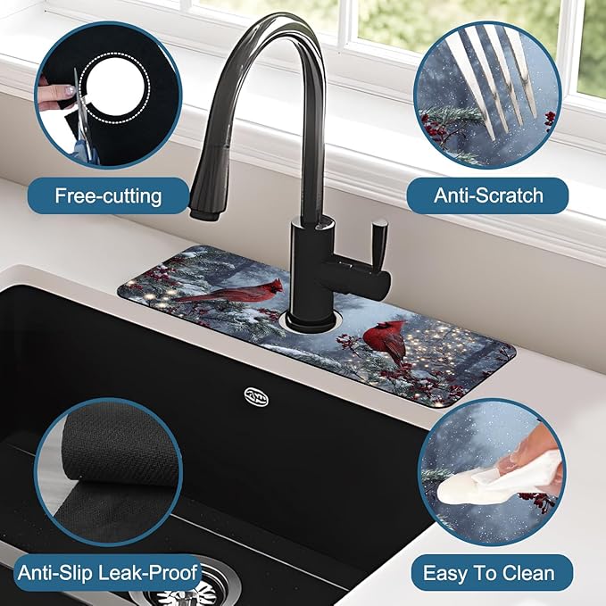 Winter Sink Splash Guard Faucet Mat Cardinal Christmas Super Absorbent Fast Drying Mat Sink Gadgets-Splash Guard Behind Faucet Drip Catcher for Kitchen Bathroom, 15.5"x5.5"