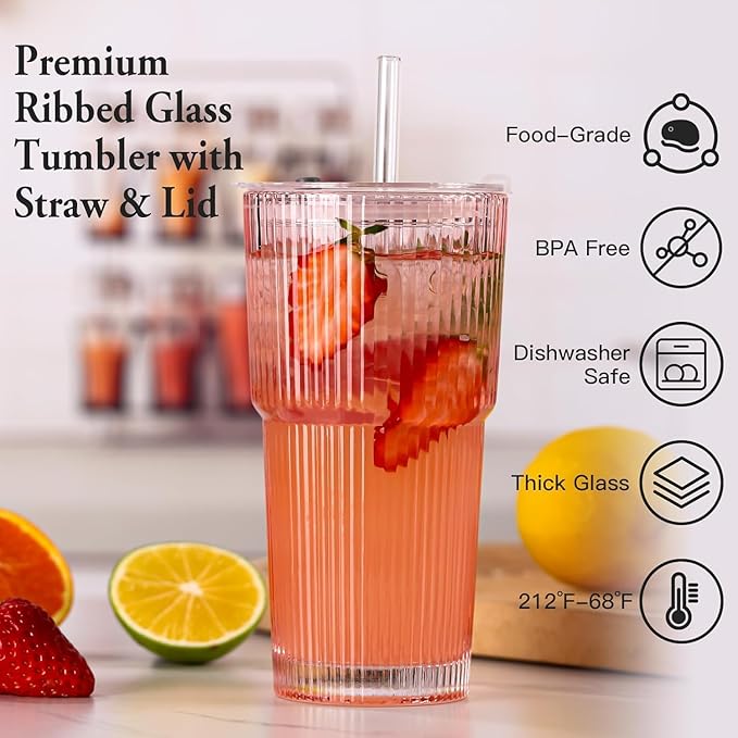 6PCS Pink Ribbed Glass Cups with Lids and Straws, 20oz Vintage Drinking Glasses, Aesthetic Iced Coffee Cups, Glass Tumbler for Boba, Beer, Tea, Cocktails, Ribbed Glassware Set (Pink-6)