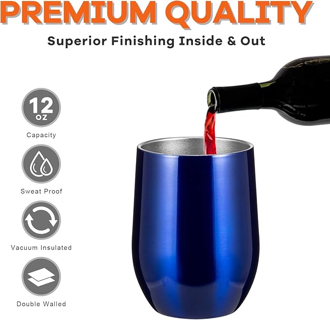COMOOO Stainless Steel Wine Tumbler Glass Set of 4 with Lid and Straw 12oz Double Wall Vacuum Insulated Travel Tumbler Cup Stemless for Coffee Wine Cocktails Ice Cream Cup (Royal blue, 4)