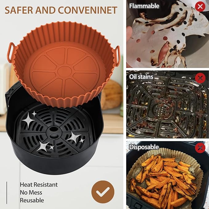 2 Pack Air Fryer Silicone Liners for Ninja, Reusable Silicone Bowl Basket Fit for 3 to 5QT Air Fryer, Replacement of Flammable Parchment Paper, Baking Tray Oven Accessories (Top 8in, Bottom 6.8in)