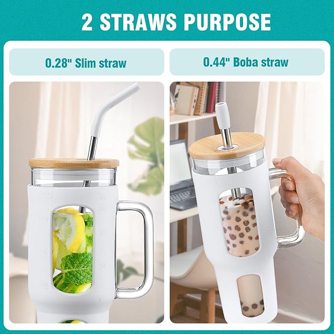 WINSA Glass Tumbler with Lid and Straw, 46 oz Iced Coffee Cup with Handle, Large Water Bottles with Silicone Sleeve, Glass Cup with Straws - Pearl Straw & Drinking Straw BPA Free-White