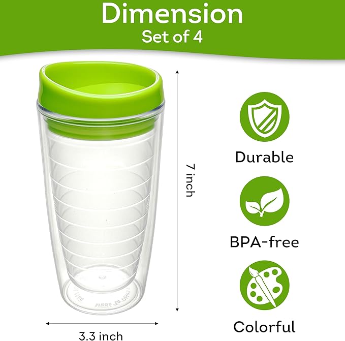 Lily's Home Set of 4 Double Wall 16oz Travel Cups with Multi-Color Lid, Reusable Insulated Plastic Tumblers, BPA Free, Handwash Only - Perfect for Iced Coffee and Cold Drinks, Indoor/Outdoor Use