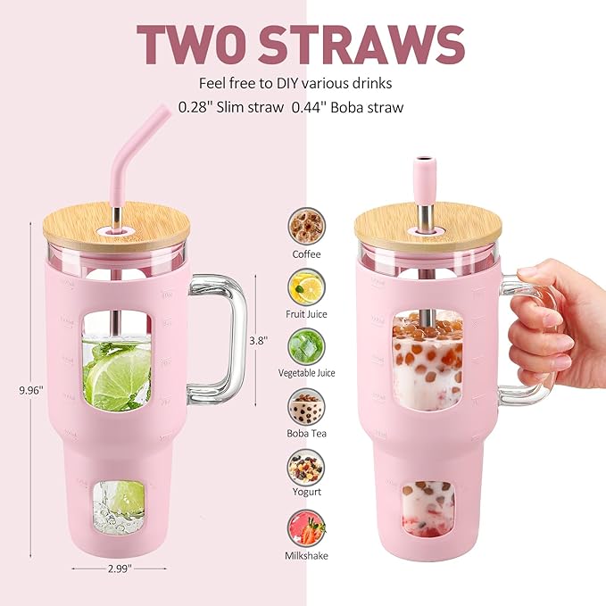 WINSA Glass Tumbler with Straw and Lid, 40 oz glass cup with handle, Glass Water Bottles with Time Marker, Silicone Protective Sleeve-Pink
