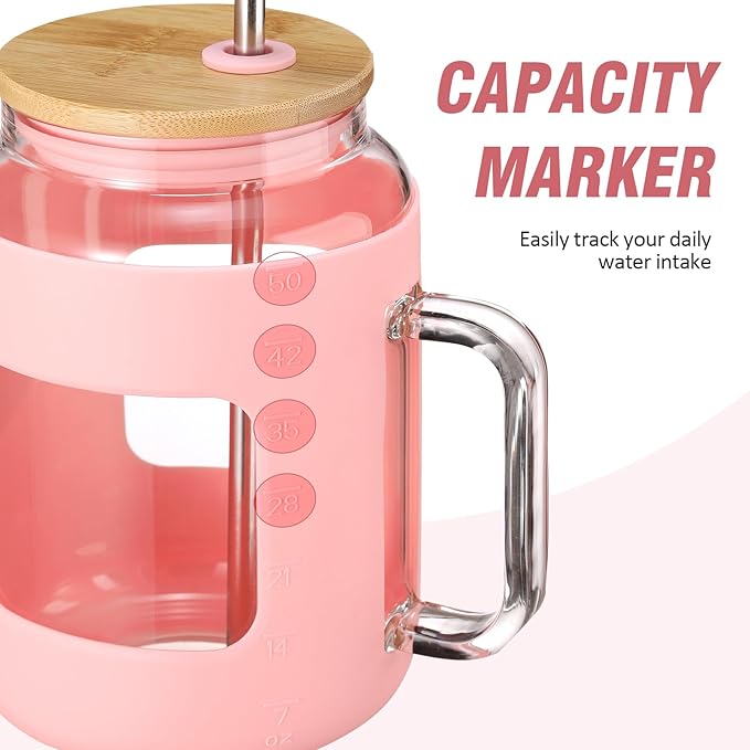 WINSA 50 oz Glass Water Bottles with Silicone Sleeve,Glass Tumbler with Lid and Straw,Iced Coffee Cup with Handle,BPA Free-Pink