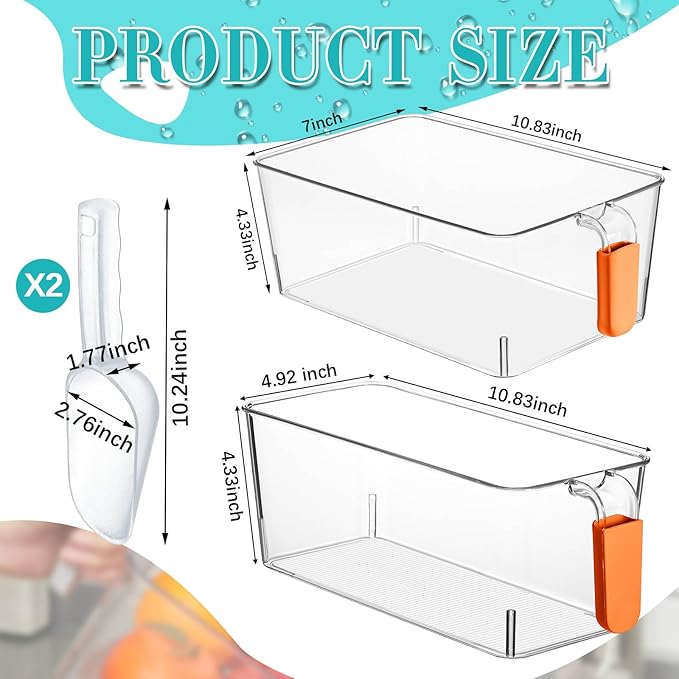 Havawish Ice Storage Bin and Flexible Scoop Set Plastic Freezer Bin with Pull out Handle Storage Bucket Clear for Container with Scoop(Orange,10.83 x 7 x 4.33 In,10.83 x 4.92 x 4.33 in,Classic)