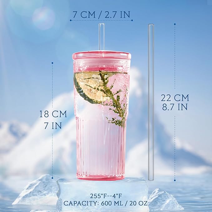 Puraville 2 Pack 20oz Glass Gups with lids and Straws, High borosilicate Reusable Iced Coffee Cup Tumbler, Leak Proof Driking Glass Mug for Water, Juices, Cocktails, Pink