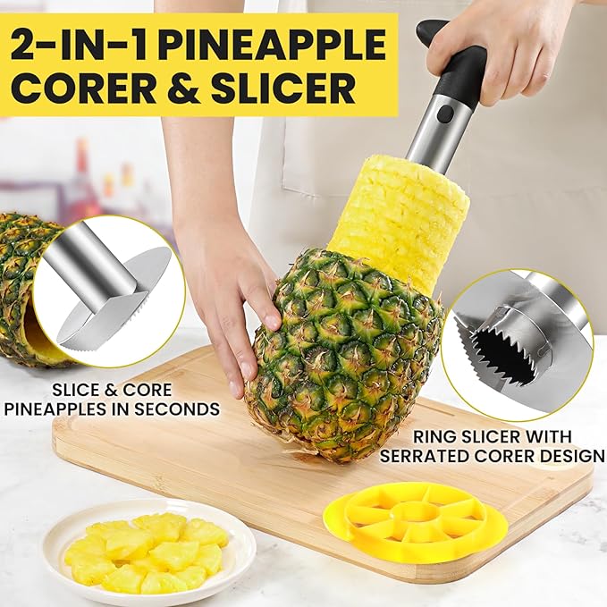 CUNSENR Premium Pineapple Corer and Slicer Tool - Pineapple Cutter with Sharp Serrated Tips - Easy to Use & Clean - Stainless Steel Core Remover for Pineapple - Slice and Core Fruits with Ease(Black)