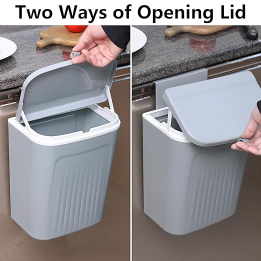 3.2 Gallon Kitchen Hanging Trash Can with Lid, Plastic Wall-Mounted Garbage Can, Gray