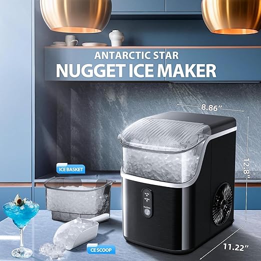 Antarctic Star Nugget Ice Maker Countertop, Chewable Nugget Ice Machine with One-Touch Operation, Self Cleaning, Fast Ice Making 34Lbs/24H, for Office/Home/Bar, Black