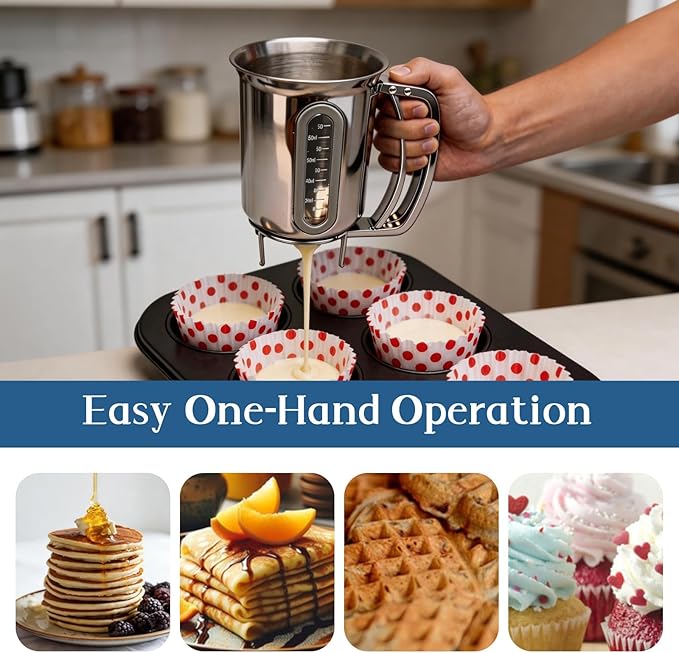30oz Pancake Dispenser for Batter with Viewing Window, Pancake Batter Mix Bottle Ideal for Cupcakes, Muffins & Waffles Baking