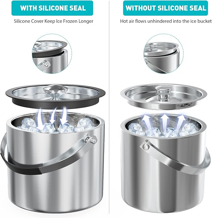 3.2L Double Wall Stainless Steel Ice Bucket with Lid,Scoop, Updated Insulated Ice Bucket for Cocktail Bar and Parties