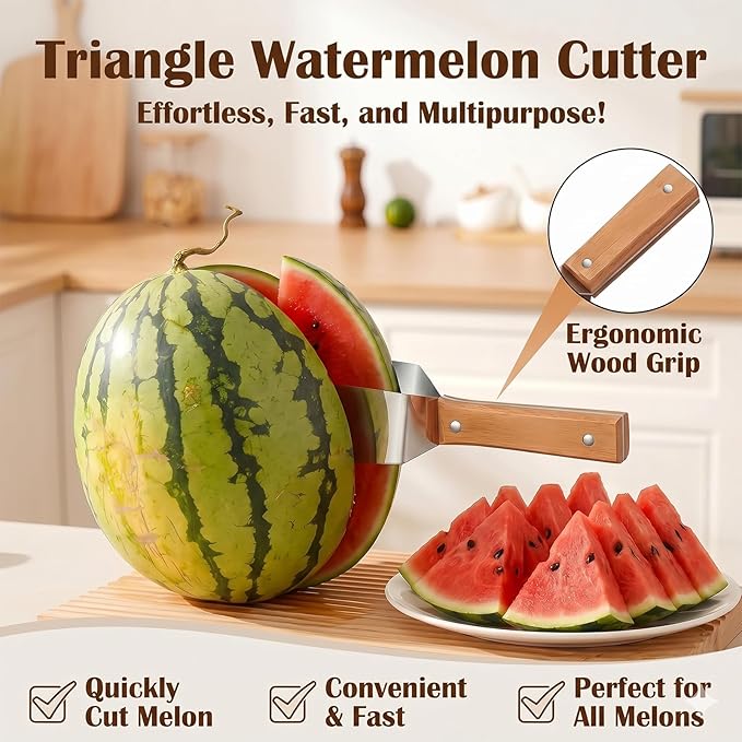 Triangle Watermelon Cutter, 2026 Precision Watermelon Cutter Slicer Tool, Stainless Steel Watermelon Cutter with Wooden Handle - Melon Slicer, Fruit Cutter for Kitchen, Picnic & BBQ (1Pcs)