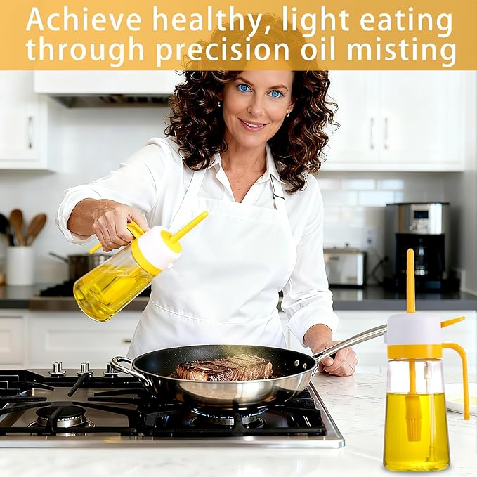 16oz/470ml Glass Olive Oil Sprayer for Cooking – 2 in 1 Canola Oil Spray Bottle for Kitchen, Wide-opening Spray Bottle with Silicone Basting Brush, Kitchen Gadgets for Air Fryer, Salad, BBQ