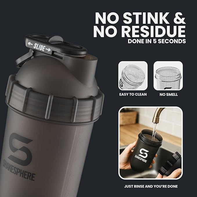 SHAKESPHERE Shaker Bottle - 24oz Leak Proof Protein Shaker Bottle for Pre Workout, Smoothie, and Powder Drink Mixes, No-Blade Mixer for Gym, BPA-Free, Easy Clean & Easy to Carry (Frosted Black)