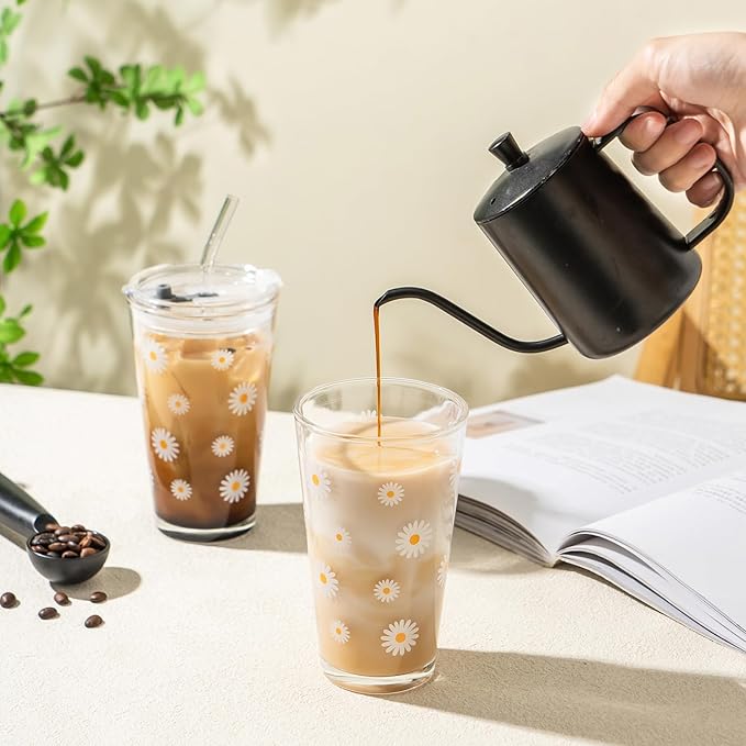 Olvini 15oz Glass Tumbler with Glass Straw and Lid, Cute Iced Coffee Cups, Aesthetic Glass Cups, Coffee Tumbler, Water Cup, Matcha Cup, Drinking Glasses (Daisy)