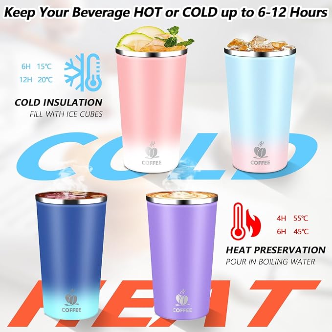 Insulated Travel Coffee Mug Reusable Coffee Tumbler Cup with Flip Lid Leak Proof Spill Proof for Office School Party Camping Hot and Cold Drink,Stainless Steel 17oz (Purple)