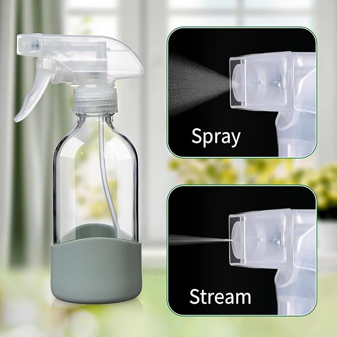 8oz Clear Glass Spray Bottles with Silicone Sleeve–Refillable Spray Bottles for Cleaning Solutions,Hair,Plants&Essential Oils–Leakproof,Adjustable Nozzle,Reusable,Eco-Friendly (1 Pack)