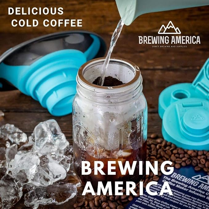 Brewing America Cold Brew Filter for Mason Jar Wide Mouth Coffee Maker, UPGRADED Stainless Steel Mesh with Silicone Seals 2 Quart (64 Ounces)