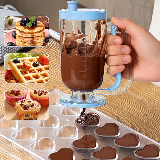 Pancake Batter Dispenser with Built-in Mixer Handle - No-Drip Handheld Funnel for Pancakes, Baking, Waffles, Cupcakes & Muffins - Easy Squeeze Baking Tool for Perfect Portions