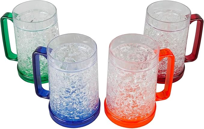 Lily's Home Freezer Beer Mugs, Set of 4-16oz Double Wall Gel-Filled Acrylic Frosty Stein, Break-Resistant with Color-Coded Handles for Home Bar, Pool Parties, BBQ & Outdoor Gifts