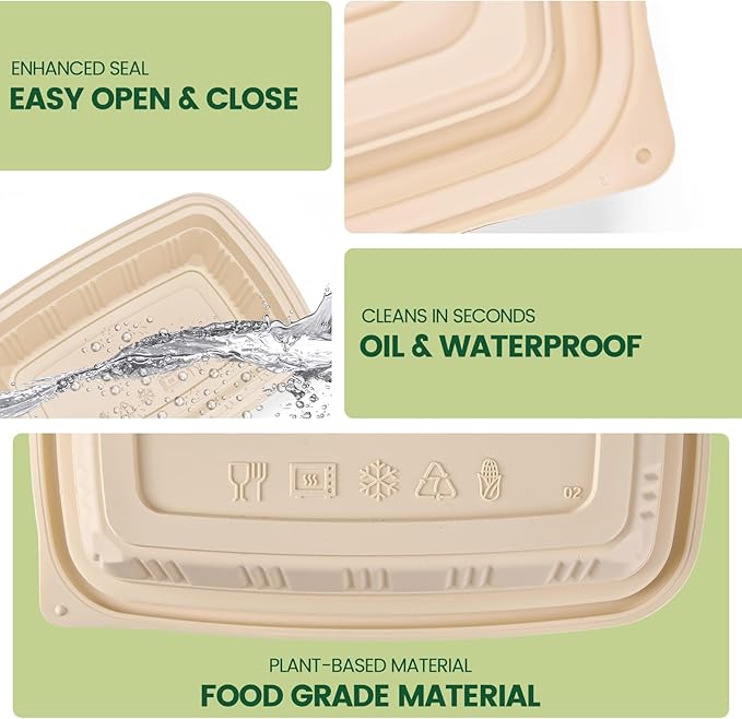 100 Piece (50 Pack) Food Containers with Lids, 22 oz Meal Prep Containers Reusable Cornstarch Plant-based Lunch Box BPA Free Small Plastic Disposable Take Out Boxes for Salad Microwave & Freezer Safe