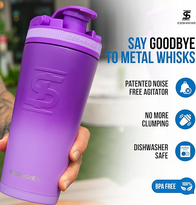 Ice Shaker Insulated Stainless Steel Shaker Bottle | 26oz, Purple Color Rush | Cold for 24+ Hours | Insulated Cup with Twist Agitator | Odor-Free Bottle for Protein Shakes, Water, Smoothies, Cocktails