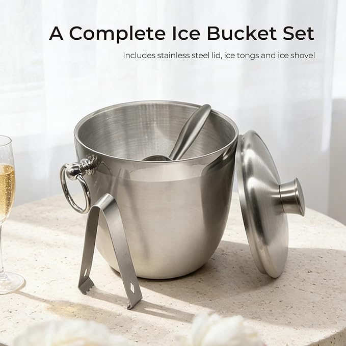 Fortune Candy Insulated Ice Bucket - Double Walled Stainless Steel Ice Bucket with Ice Tongs, Scoop, Lid, and Exclusive Handmade Nylon Holder - 2.8 L (Navy Blue)