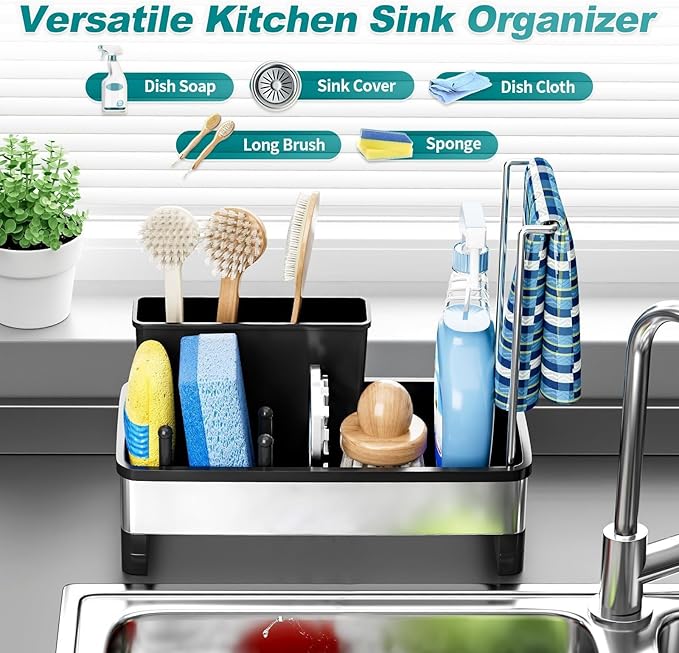 304 Stainless Steel Sink Caddy with Auto-Drain, Rustproof Sink Organizer, Sponge Holder with Removable Brush Holder & Towel Rack, Countertop Storage for Dish Soap Dispenser, Kitchen Sink Accessories