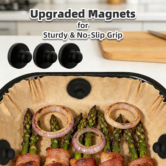8Pcs Air Fryer Magnets for Parchment Paper, Upgraded Powerful Magnetic Silicone Buckles for Holding Down Paper Liners, Safely Lock Disposable Liners from Heating Element or Covering Food (Black)