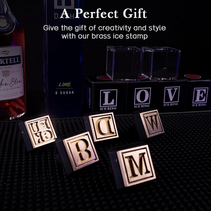 Square Ice Stamp Ring – 3 mm Brass Personalized Cube & Sphere Press, Ready-to-Gift Clear Acrylic Christmas Box, Custom Letter/Pattern Imprint for Whiskey & Cocktails (Letter B)