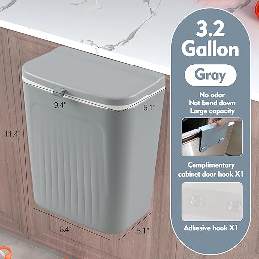 3.2 Gallon/12 L Hanging Small Trash Can with Lid, Kitchen Compost Bin for Wall Mount, Mountable Food Waste Bin for Kitchen Cabinet Door