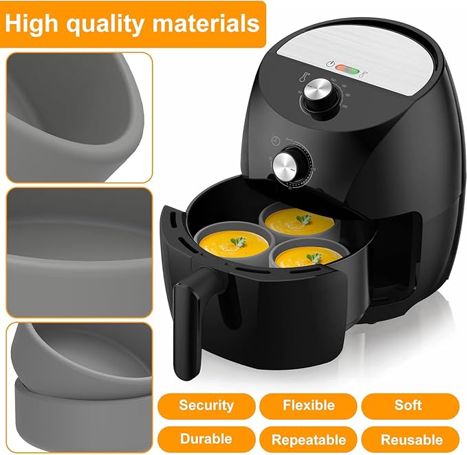 3Pcs Silicone Air Fryer Molds - 4-Inch Air Fryer Pan, Microwave Poacher, Dishwasher Safe Egg Cups - Nonstick Reusable Cooker Accessories (3Pcs-Grey)