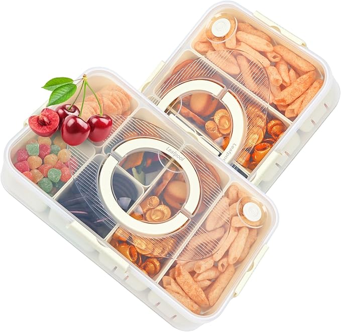 Snack Box Container, Dishwasher Safe Fruit Snackle Containers, 2 Pack Divided Serving Tray with Lid for Veggie, Candy, Snackle Charcuterie Boxes for Kids, Adults Travel, and Picnic